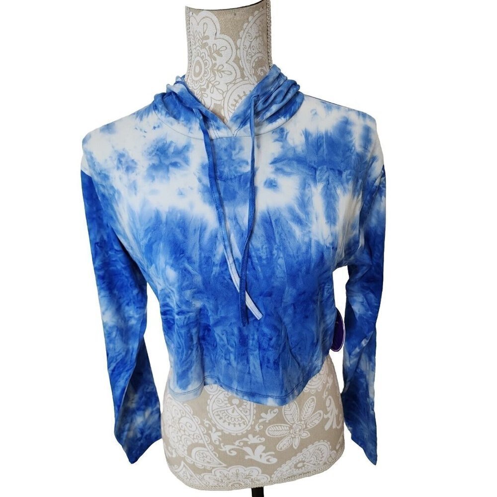 Suzzi Womens Blue Tie Dyed Long Sleeve Cropped Hoodie Top Medium NWT